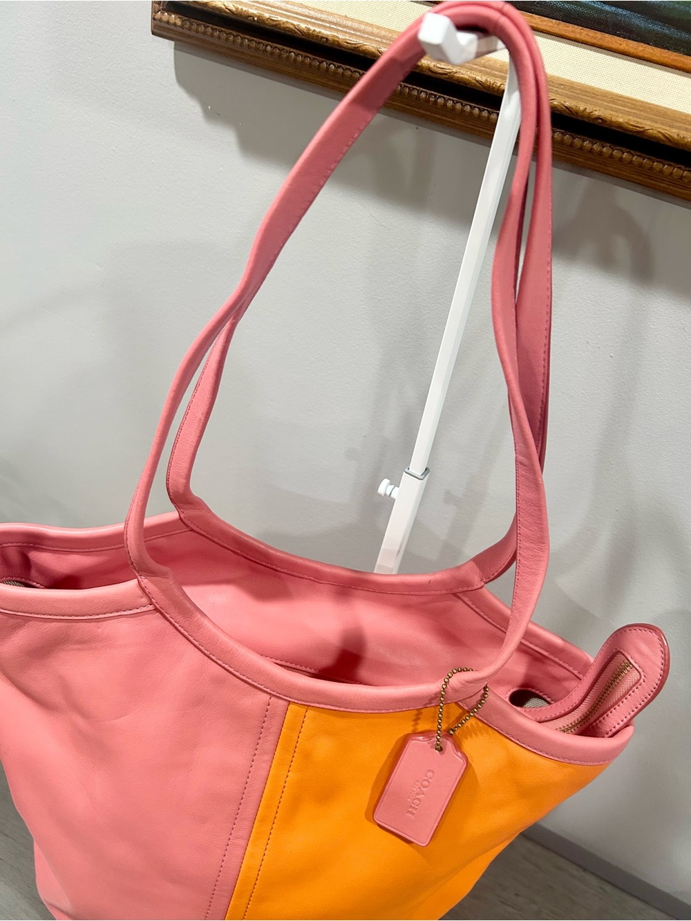Coach Bea Tote in colorblock taffy pink and orange design. - Picture 3 of 8